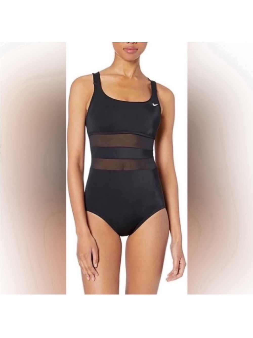 NWT Nike Women's Black Mesh Solid Edge V-Back One Piece Swimsuit Sz L